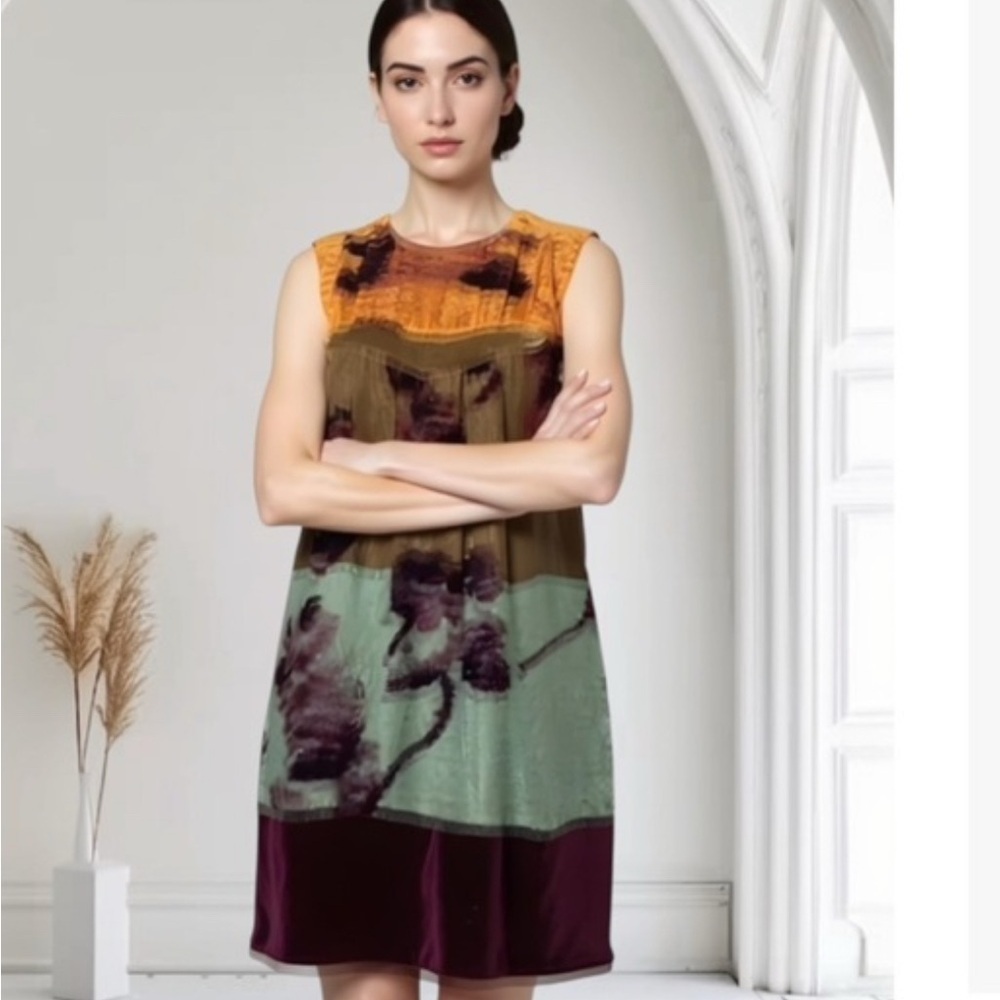 Etro Milano Orange and Purple abstract Sleeveless velvet Mini Dress size 38